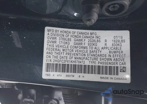 2019 Honda Civic Lx из США, поврежденный, VIN 2HGFC2F61KH578472